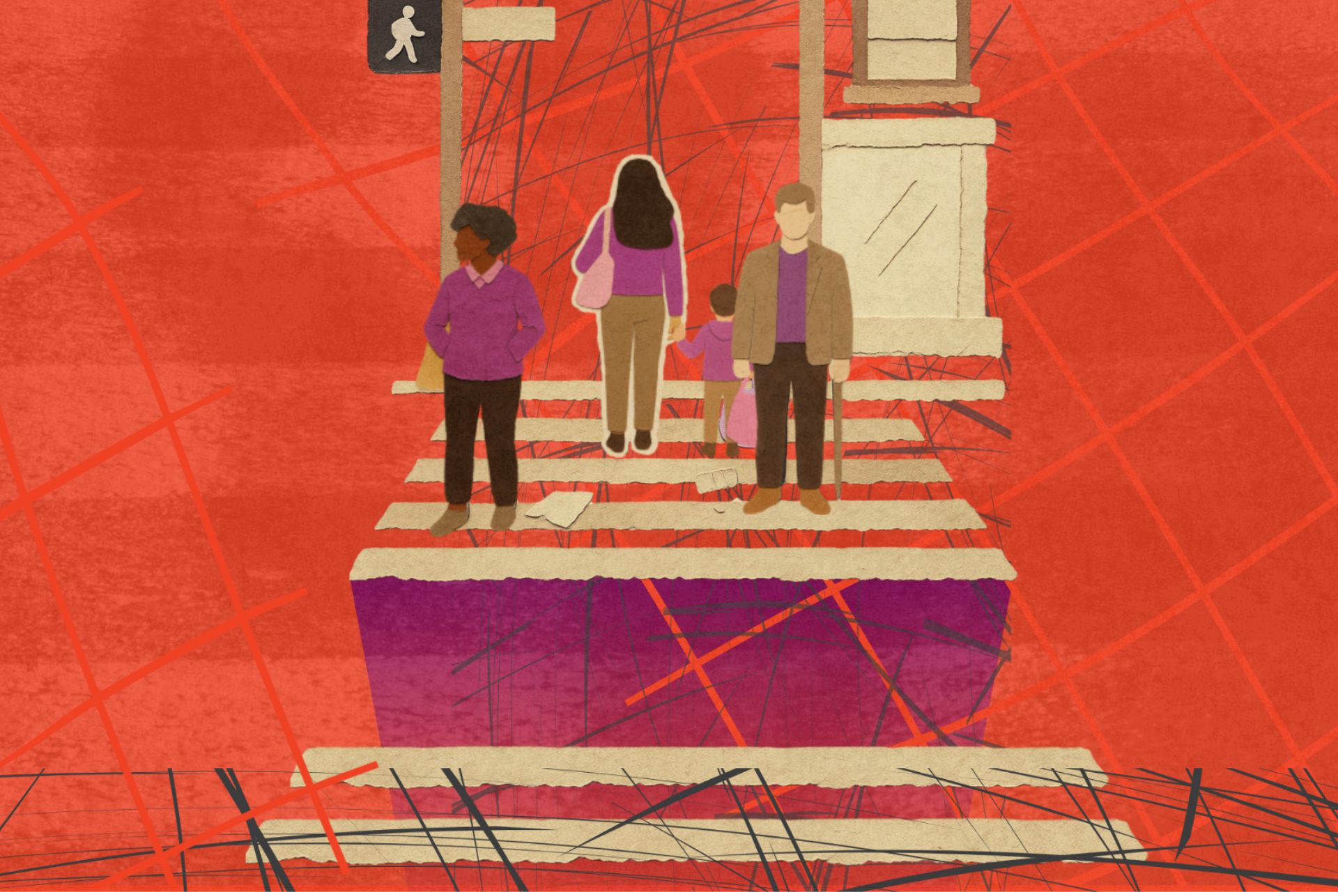 Graphic art of three people standing on an abstract bridge over red background